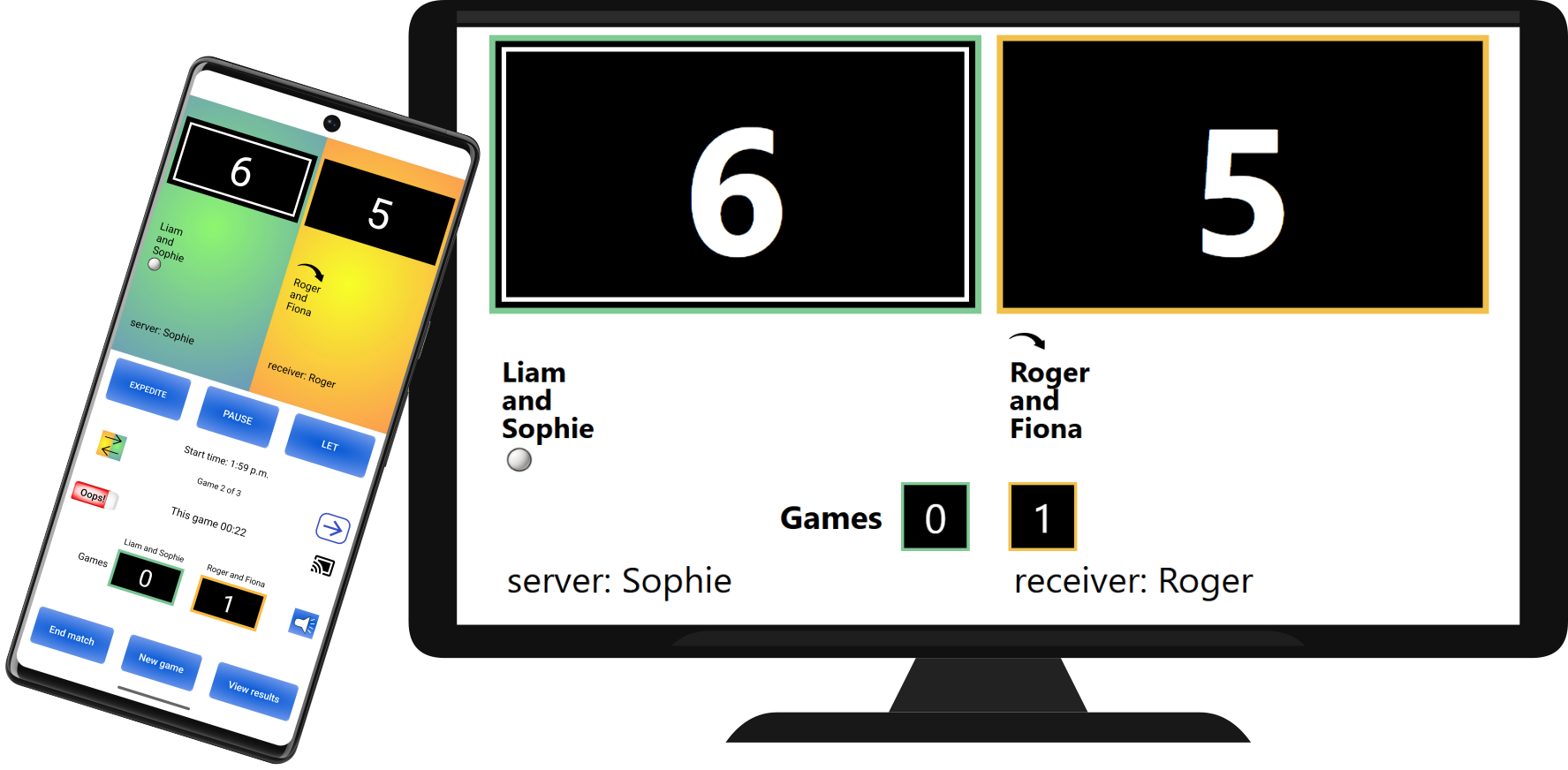 SmartScorer for Table Tennis scoreboard displayed on a TV from the umpire device