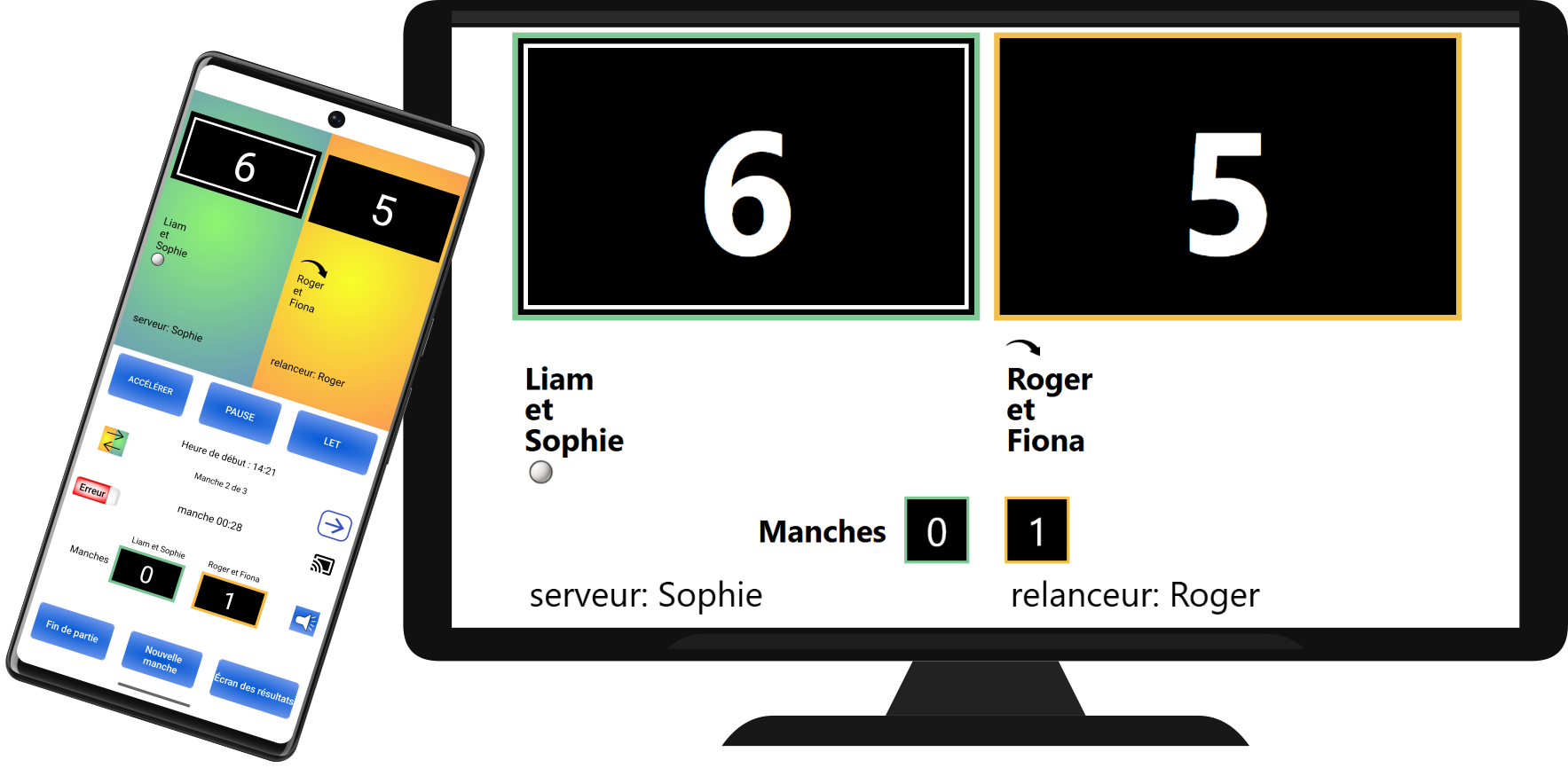 Tableau de score de SmartScorer Tennis de Table affiché sur un téléviseur depuis l’appareil de l’arbitre
